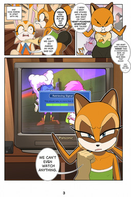 5_fingers angry anthro black_nose breasts clothed clothed_anthro clothed_female clothing crossed_arms dialogue duo electronics female fingers gloves handwear loli nipple_outline open_mouth speech_bubble tail television text young young_anthro young_female hereapathy sega sonic_the_hedgehog_(series) sonic_underground blaze_the_cat cream_the_rabbit marine_the_raccoon sonia_the_hedgehog sonic_the_hedgehog lagomorph leporid mammal rabbit 2025 2:3 absurd_res comic digital_media_(artwork) english_text hi_res
