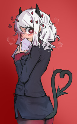 black_horn blush book bottomwear clothed clothing colored_nails female fishnet_clothing fishnet_legwear fully_clothed gesture hair heart_eyes heart_symbol holding_book holding_object horn legwear looking_back nails not_furry red_background red_eyes red_nails short_hair simple_background skirt solo spade_tail standing suit sweater tail tail_gesture tail_heart text topwear turtleneck white_body white_hair white_skin turnblackcat helltaker modeus_(helltaker) demon demon_humanoid humanoid 5:8 absurd_res english_text hi_res