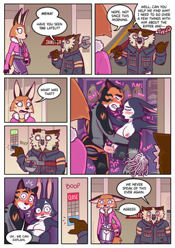 8_panel_comic anthro armor awkward awkward_moment beak biped black_nose blue_eyes blush blush_lines bodily_fluids box breasts brown_body brown_eyes caught_in_the_act cleaning_supplies cleaning_tool clothed clothed_female clothed_sex clothing container dialogue door exposed eyebrows feathers female fingers fully_clothed fur genital_fluids genitals green_eyes group headgear helmet holding_object holding_tool jacket janitor_closet jewelry keypad legwear male male/female markings moan mop motor_oil multicolored_body multicolored_feathers multicolored_fur necklace nipples nude orange_body orange_fur pantyhose partially_clothed penetration penile penile_penetration penis penis_in_vagina pink_nose pushbutton rabbit_ears sex shocked smile sound_effects speech_bubble stand_and_carry_position standing standing_sex striped_body striped_fur striped_markings stripes surprised tan_body tan_feathers tan_fur teeth text tools topwear unprofessional_behavior vaginal vaginal_fluids vaginal_penetration vulva walk-in white_body white_fur wrench luchosfactory rimba_racer meika_(rimba_racer) miles_(rimba_racer) ms._torres_(rimba_racer) tag_(rimba_racer) avian bird canid canine canis felid fox lagomorph leporid mammal owl pantherine rabbit tiger absurd_res comic english_text hi_res