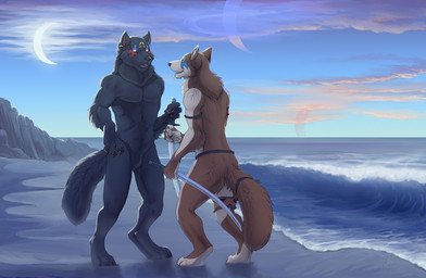 3_toes accessory anthro arm_tuft armband armlet beach belt belt_only black_body black_fur black_nose blue_sky brown_body brown_claws brown_fur brown_nose casual_nudity chest_tuft claws cloud crotch_tuft day detailed_background digitigrade duo ear_piercing eclipse elbow_tuft empty_eyes eye_contact facial_tattoo fangs feet fur furgonomics grey_body grey_fur holding_melee_weapon holding_object holding_sword holding_weapon inner_ear_fluff katana legband looking_at_another male melee_weapon moon night nude open_mouth outside piercing planet pubes rock sand sea seaside sky smile social_nudity standing sun surprised sword tail tail_accessory tailband tan_body tan_fur tattoo teeth toes tongue tuft water wave weapon bloodhound_omega conditional_dnp hibbary canid canine canis mammal wolf 2008 signature