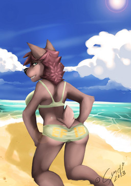 anthro beach bikini biped brown_hair butt butt_pose clothing day detailed_background female hair kneeling outside pose sand seaside sky smile solo sun swimwear two-piece_swimsuit cyndi canid canine canis domestic_dog mammal 2013 hi_res