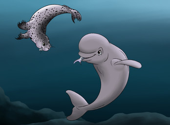 ambiguous_gender black_eyes black_spots duo feral grey_body grey_fin grey_tail male object_in_mouth spots tail underwater water white_body white_head white_tail macrolago aquatic beluga cetacean fish mammal monodontid pinniped seal toothed_whale 2022 hi_res