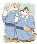 anthro black_nose clothed clothing duo footwear humanoid_hands kemono male milk overweight overweight_male question_mark sandals scar shoes towel towel_around_neck walking hon55728 canid canine canis domestic_dog felid mammal pantherine tiger 2024 hi_res