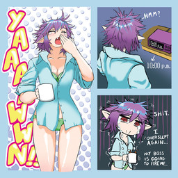 base_one_layout biped blockage_(layout) blue_clothing blue_topwear bodily_fluids breasts cleavage clock clothed clothing collarbone container crying cup ellipsis emphatic_sound_effects eyes_closed female hair holding_object humanoid_pointy_ears inner_monologue motion_lines motion_outline not_furry number open_mouth pointy_ears purple_hair question_mark red_eyes shaking shivering solo tears teeth text thinking three_frame_image three_frame_sequence time tongue topwear underwear vertical_blockage yawn samanator_club elf humanoid 1:1 english_text sequence