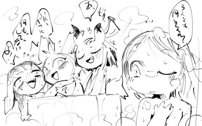 anthro bathing bathtub blush dialogue eyes_closed floppy_ears group hair horn in_bathtub looking_at_another looking_back lop_ears male male/male nude simple_background sketchy smile soap_bubbles tail text white_background young young_anthro young_male doneru clive_(doneru) dimerzen_(doneru) grems_(doneru) bamfear mammal scalie undead hi_res japanese_text monochrome sketch translated adult_(lore)