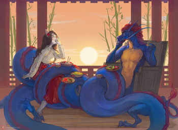 anthro asian_clothing blue_body blue_scales brown_hair chair clothing covering covering_mouth covering_own_mouth covering_self digitigrade duo east_asian_architecture east_asian_clothing female floor food fur furniture hair laugh male red_hair scales sitting smile sun sunset tail white_body white_fur wood wood_floor devergilia asian_mythology east_asian_mythology mythology lyubov_(devergilia) domestic_cat dragon eastern_dragon felid feline felis mammal mythological_creature mythological_scalie scalie 2021 digital_media_(artwork)