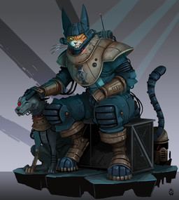 anthro armor armored_tail blep cybernetic_eye cybernetic_leg cybernetic_limb cybernetics digitigrade domestic_pet eye_scar facial_scar feral furries_with_pets headgear headpat helmet machine male one_eye_closed scar sitting tail tongue tongue_out wolfdawg warhammer_(franchise) warhammer_40000 canid canine canis domestic_dog felid feline felinid mammal absurd_res hi_res