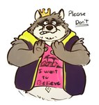 anthro belly clothing crown headgear male overweight overweight_anthro overweight_male shirt simple_background solo text text_on_clothing text_on_shirt text_on_topwear topwear white_background albymoobutt i_want_to_believe mammal procyonid raccoon 2021 english_text