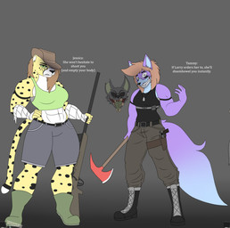 angry anthro armwear australian_hat bandage bandaged_arm bone boots bottomwear breasts clothed clothing combat_boots crazy_eyes duo female footwear gun headgear headwear holding_object holding_weapon muscular muscular_anthro muscular_female neckwear pistol_holster ranged_weapon rifle shoes shorts simple_background small_breasts sniper_rifle text tongue tongue_out weapon photolol.03 jessica_(photolol.03) tammy_(photolol.03) canid canine canis cheetah felid feline fox mammal english_text flat_colors hi_res