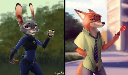 4_fingers anthro badge carrot clothed clothing duo female fingers food fully_clothed green_eyes hand_behind_back holding_object looking_at_viewer male outside pawpsicle plant police police_uniform popsicle purple_eyes smile uniform vegetable disney zootopia judy_hopps nick_wilde canid canine fox lagomorph leporid mammal rabbit red_fox true_fox 2016 portrait source_request three-quarter_portrait