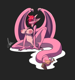 ambiguous_gender anthro big_breasts black_background bottomless breasts clothed clothing duo ear_piercing ear_ring exposed_breasts female female_focus genitals hair holding_melee_weapon holding_object holding_shield holding_sword holding_weapon horn melee_weapon nipples piercing pink_body raised_clothing raised_shirt raised_topwear red_hair ring_piercing shield shirt simple_background sitting solo_focus sword tail topwear vulva weapon amhidden european_mythology mythology domestic_cat dragon felid feline felis mammal mythological_creature mythological_scalie scalie western_dragon hi_res