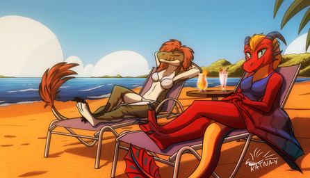 2_horns anthro beach beverage bikini blue_eyes breasts chair claws clothed clothing container countershading crossed_legs cup detailed_background duo eyes_closed feathers feet female front_view furniture green_body hair hands_behind_head hands_on_lap horn looking_at_viewer lounge_chair lying medium_breasts membrane_(anatomy) navel non-mammal_breasts non-mammal_navel one-piece_swimsuit red_body sea seaside small_breasts smile stripes swimwear table tail toes tropical two-piece_swimsuit water wings katnay european_mythology mythology eztli_(user_55) melody_(user_55) dinosaur dragon dromaeosaurid mythological_creature mythological_scalie prehistoric_species reptile saurischian scalie theropod velociraptor western_dragon wyvern hi_res