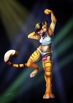 anthro black_hair clothing dancing earbuds electronics eyes_closed female hair headphones legband lights listening_to_music music portable_music_player shirt solo tank_top topwear underwear ghosthounds apple_inc. ipod felid mammal pantherine tiger 2013 hi_res