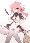 anthro bell bell_collar breasts broom cleaning_tool cleavage clothed clothing collar dress female fur hair holding_broom holding_cleaning_tool holding_object kemono legwear long_hair looking_at_viewer orange_eyes pink_hair ponytail simple_background solo standing thigh_highs white_background white_body white_fur crayon_(artist) canid canine mammal hi_res