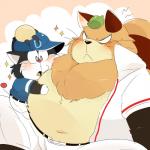 anthro baseball_(sport) baseball_uniform belly blush bottomwear clothing duo hat headgear headwear hug kemono male overweight overweight_male pants shirt sitting sport sportswear topwear uniform hyaku_(artist) dorabase doraemon kuroemon pokoemon_(character) canid canine domestic_cat felid feline felis mammal raccoon_dog tanuki 1:1 2018