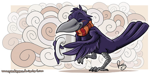 abstract_background ambiguous_feral ambiguous_gender beak cheek_tuft closed_smile clothing container cup eyes_closed facial_tuft feathered_wings feathers feral grey_beak head_tuft holding_container holding_cup holding_mug holding_object logo mouth_closed mug orange_scarf pattern_clothing pattern_scarf purple_body purple_feathers purple_wings red_scarf scarf semi-anthro side_view smile solo striped_clothing striped_scarf stripes tail tail_feathers text tuft wings pandapaco avian artist_logo signature url