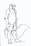 5_toes anthro arm_tuft barefoot biped bottomwear clothing elbow_tuft feet fluffy fluffy_tail front_view head_tuft long_tail male plantigrade shirt shorts slightly_chubby slightly_chubby_anthro slightly_chubby_male smile solo standing tail tank_top toes topwear tuft k-9 circles_(comic) martin_miller mammal mephitid skunk 2001 full-length_portrait greyscale low_res monochrome portrait sketch traditional_media_(artwork)