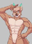 abs anthro big_muscles male muscular muscular_anthro muscular_male nude nude_anthro pecs pose solo superhero superhero_costume umbreoncloud canid canine canis humanoid mammal absurd_res hi_res