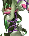 anthro bdsm biped blush bodily_fluids bondage bound breasts butt female fur green_body green_fur green_tail looking_aside multicolored_body pawpads pink_body pink_nose pupils rear_view red_eyes short_tail simple_background slit_pupils solo sweat tail wavy_mouth white_background pecco_occeq nintendo pokemon generation_9_pokemon meowscarada pokemon_(species) absurd_res hi_res