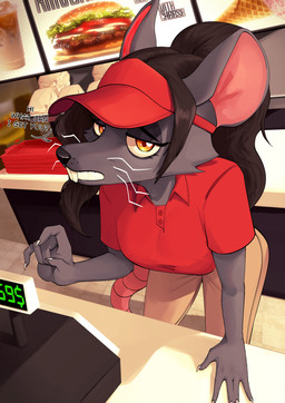 anthro black_hair bottomwear breasts buckteeth cashier clothed clothed_female clothing crooked_whiskers detailed_background dialogue fast_food_(food) fast_food_employee fast_food_restaurant fast_food_uniform female fully_clothed fully_clothed_female fur grey_body grey_fur hair hairless_tail looking_at_viewer pants ponytail red_clothing red_shirt red_topwear shirt solo talking_to_viewer teeth text topwear daniart_xd ratricia_(el-k) mammal mouse murid murine rodent absurd_res english_text hi_res