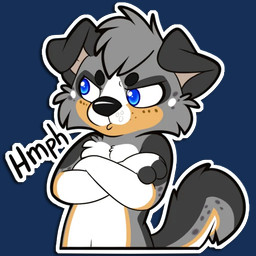 anthro belly blue_eyes crossed_arms floppy_ears folded_ears grey_body grey_spots hmph pouting solo spots tail telegram_sticker text white_belly white_spots young young_anthro niu-ka canid canine canis domestic_dog mammal 1:1