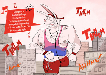 anthro areola arm_hair backwards_cap backwards_hat belly_hair biped bisexual_male bisexual_pride_colors body_hair bottomwear building bulge chest_hair city clothed clothed_anthro clothed_male clothing electronics exercise five_o'clock_shadow fluffy fluffy_chest fully_clothed fully_clothed_anthro fully_clothed_male hat headgear headphones headwear lgbt_pride macro male male_anthro nipples pink_areola pink_inner_ear pink_nipples pink_nose pride_colors red_bottomwear red_clothing red_shorts shirt shorts singing solo speech_box tank_top text topwear walking dudenahuel lgbt_pride_month richard_(dudenahuel) lagomorph leporid mammal rabbit 2023 absurd_res colored_sketch english_text hi_res sketch