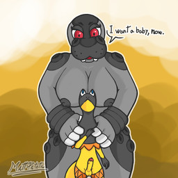 4_fingers anthro big_breasts blue_eyes breasts dialogue duo erection female fingers genitals grey_body hands_on_shoulders male nipples penis red_eyes simple_background size_difference slightly_chubby smaller_male text wide_hips yellow_body matt_patetic nintendo pokemon generation_4_pokemon generation_6_pokemon heliolisk hippopotamid hippowdon lizard mammal pokemon_(species) reptile scalie 1:1 english_text