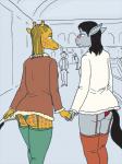 anthro butt clothed clothing cornrows duo female hand_holding lingerie mall panties public sweater topwear underwear capt_hairball jenny_(capt_hairball) rhiannon_(capt_hairball) asinus donkey equid equine giraffe giraffid mammal 3:4 comic unavailable_at_source