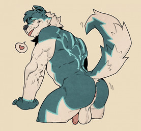 anthro anus backsack balls barely_visible_anus big_butt blep blue_body blue_fur butt fur genitals heart_symbol humanoid_genitalia humanoid_penis male male_anthro multicolored_body multicolored_fur muscular muscular_anthro muscular_male nude_anthro nude_male penis presenting presenting_hindquarters rear_view simple_background solo thick_thighs tongue tongue_out white_body white_fur wide_hips yellow_background roamingthrough canid canine canis domestic_dog mammal hi_res