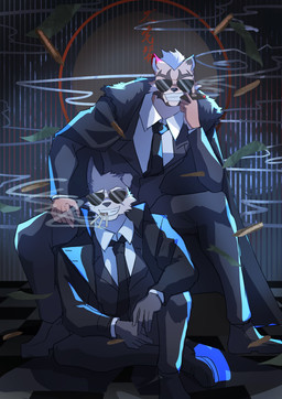 anthro bottomwear cigar cigarette clothing duo eyewear footwear male necktie pants shoes smile smiling_at_viewer smoke smoking suit suit_jacket sunglasses delax tianhehui chen_hu_(tianhehui) tex_(tianhehui) canid canine canis felid hybrid mammal pantherine tiger wolfdog absurd_res hi_res