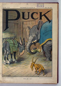 caption female feral group hay hooves horn label political_cartoon politics quadruped size_difference standing tassels text trio tusk_ring wall_(structure) louis_glackens consumers_party_(usa) democratic_party_(usa) public_domain puck_(magazine) republican_party_(usa) democrat_donkey republican_elephant asinus bovid caprine donkey elephant elephantid equid equine goat mammal proboscidean 1909 20th_century absurd_res ancient_art english_text hi_res signature traditional_media_(artwork)