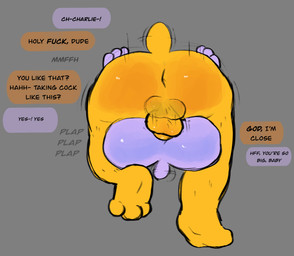 anthro canon_x_oc dialogue facial_hair from_front_position genitals hair male male/male mating_press penis purple_body purple_skin sex size_difference speech_bubble tail tail_motion tailwag text reany tunafishhhh8 adult_swim cartoon_network smiling_friends charlie_dompler fan_character ren_rene_(reanyx3) critter_(smiling_friends) english_text hi_res