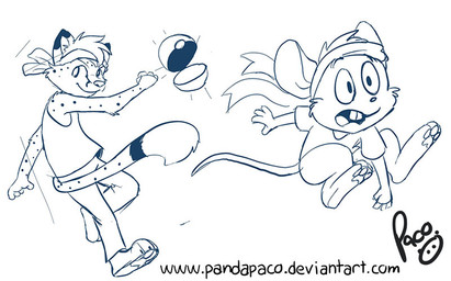 anthro barefoot bottomwear clothed clothing duo facial_spots feet hair logo male male_anthro markings open_mouth pants pawpads short_hair simple_background spots spotted_arms spotted_face spotted_markings spotted_tail tail tail_markings text topwear young young_anthro young_male pandapaco salmy felid mammal mouse murid murine rodent artist_logo monochrome signature sketch url