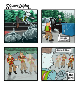 annoyed anthro bag blue_clothing blue_shirt blue_topwear boots bottomwear cargo_pants clothing dialogue dipstick_tail dirty duo footwear fur gloves handwear male markings orange_body orange_fur outside pants plant pointy_ears prick_ears red_clothing red_shirt red_topwear safety_vest shirt shoes speech_box standing tail tail_markings text topwear trash_bag tree truck vehicle vest white_body white_fur working hieronymusjohnson crank_that_(soulja_boy) soulja_boy kilo_(hieronymusjohnson) squeez_(hieronymusjohnson) canid canine canis domestic_dog fox mammal nordic_sled_dog samoyed spitz 2026 aliasing binary_drawing comic digital_drawing_(artwork) digital_media_(artwork) english_text hi_res