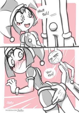 anthro blush butt clothed clothing dialogue duo female fool's_hat hair half-closed_eyes hand_on_butt handwear hat headgear headwear human_focus human_on_anthro interspecies jester looking_back male male/female narrowed_eyes naughty_face not_furry_focus open_mouth rear_view simple_background smile speech_bubble standing tail teeth text jizoku glitch_productions the_amazing_digital_circus jax_(tadc) pomni_(tadc) human lagomorph leporid mammal rabbit 2025 absurd_res comic digital_media_(artwork) english_text hi_res