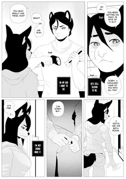 anthro blush bottomwear clothing dialogue duo female hair holding_object hoodie inside male pants shirt short_hair shy side_view tail text topwear corablue canid domestic_cat felid feline felis mammal comic digital_media_(artwork) english_text hi_res monochrome