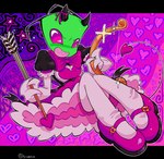 3_fingers antennae_(anatomy) anthro arrow_(weapon) bow_(weapon) bow_tie clothed clothing crossdressing dress femboy fingers footwear gradient_eyes green_body green_skin heart_symbol horn leggings legs_together legwear male pink_bow_tie pink_clothing pink_footwear pink_shoes ranged_weapon shoes small_horn smile solo spade_tail tail teeth text weapon lumiidragon invader_zim nickelodeon zim_(invader_zim) alien alien_humanoid humanoid irken artist_name digital_media_(artwork) hi_res signature