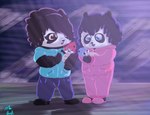 anthro baby bear blue_hair bottomwear chibi clothing der_shag_(alpha_a_5) female footwear giant_panda group hair hi_res holding_object holding_stick holding_weapon joshua_helius_ereinion male mammal menacing_(disambiguation) metrono_panda nadia_oganessa_silmarien pants rage_face red_hair shoes slippers stick stylized_background sweater the_shag! topwear weapon wrapped xiwang_heilis_(alpha_a_5) young young_anthro