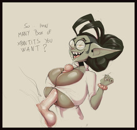 balls big_breasts big_penis black_hair bodily_fluids bracelet breast_play breasts choker clothed_titfuck clothing cum cum_on_face duo eyewear facial_piercing female genital_fluids genitals glasses green_body green_skin hair horizontal_pupils huge_breasts huge_penis jewelry long_ears male male/female necklace nose_piercing open_mouth penis piercing pointy_ears pupils sex sharp_teeth shirt size_difference smaller_female teeth titfuck topwear white_clothing white_shirt white_topwear yellow_eyes darkminou gnarby goblin human humanoid mammal hi_res