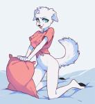 anthro bed biped blep bottomless breasts clothed clothing female fur furniture genitals green_eyes jewelry kneeling looking_at_viewer necklace pillow plantigrade pussy simple_background solo tongue tongue_out white_body white_fur tom_ree lucy_(felicity_longis) canid canine canis domestic_dog mammal hi_res