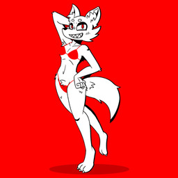 anthro bottomwear bra breasts claws cleavage clothed clothing fangs female fur hand_on_head inner_ear_fluff looking_at_viewer navel panties pose red_background red_bra red_clothing red_eyes red_panties red_underwear simple_background small_breasts smile solo standing tail teeth topwear tuft underwear white_body white_fur bruhmynameisdylan nsfwinthedark canid canine canis mammal wolf 1:1 2025 digital_media_(artwork) hi_res pinup