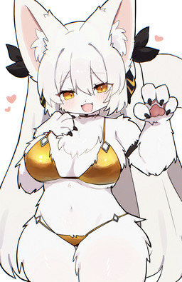 4_fingers accessory anthro big_ears bikini biped black_bow black_claws black_horn blush blush_lines bow_(feature) bow_ribbon breasts chest_tuft choker claw_pose claws clothed clothing curvy_figure cute_fangs eyelashes fangs female female_anthro finger_claws fingerpads fingers fluffy front_view fur gold_bikini hair hair_accessory hair_bow hair_ribbon heart_symbol hearts_around_body hearts_around_head horn inner_ear_fluff jewelry kemono long_hair looking_at_viewer medium_breasts midriff monotone_body monotone_fur monotone_hair monotone_tail navel necklace open_mouth open_smile pawpads pink_inner_ear pink_pawpads ribbons simple_background smile solo standing swimwear tail teeth thigh_gap tuft twin_bows twin_hair_bows two-piece_swimsuit white_background white_body white_ears white_fur white_hair white_inner_ear_fluff white_tail wide_hips yellow_bikini yellow_clothing yellow_eyes yellow_swimwear spommmm golden_week luna_(spommmm) canid canine fox mammal 2026 colored digital_media_(artwork) hi_res portrait shaded simple_shading three-quarter_portrait