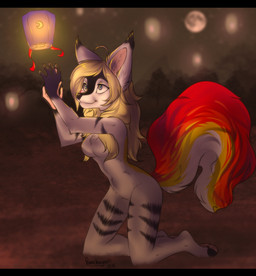 anthro black_bars blonde_hair breasts female fur hair lamp lantern long_hair nude smile solo white_body white_fur purrchinyan canid canine canis mammal wolf 2016 digital_media_(artwork) hi_res letterbox shaded