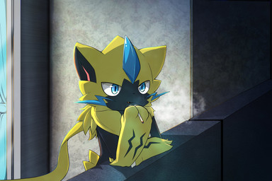 3_fingers ambiguous_gender anthro arm_markings arm_tuft balcony biped black_body black_fur black_inner_ear black_markings blue_body blue_eyes building cheek_tuft cigarette cute_fangs detailed_background elbow_tuft facial_tuft fangs fingers front_view fur holding_cigarette holding_object kemono light markings multicolored_body multicolored_fur neck_tuft nude outside paws pupils slit_pupils smoke smoking smoking_cigarette solo standing teeth three-quarter_view tuft two_tone_body two_tone_fur whiskers yellow_body yellow_ears yellow_fur hirochanu nintendo pokemon felid generation_7_pokemon legendary_pokemon mammal pokemon_(species) zeraora 3:2 colored digital_media_(artwork) half-length_portrait hi_res high_contrast lighting portrait shaded