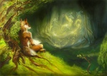 2012 alectorfencer anthro book breasts canid canine casual_nudity detailed_background female forest fox group hi_res imagination male mammal nature nude outside painting_(artwork) plant reading solo_focus spirits traditional_media_(artwork) tree wood
