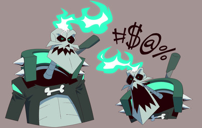 angry anterior_nasal_aperture black_text bone clothed clothing fire flaming_hair grawlixes grey_background jacket male open_clothing open_jacket open_topwear profanity pseudo_hair pupils sharp_teeth simple_background skeleton skull solo spikes teal_eyes teal_fire teeth text topwear gooseworx monkey_wrench_(series) jaw_bone_(monkey_wrench) animated_skeleton humanoid undead 2024 bust_portrait character_request colored english_description hi_res portrait