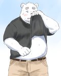 anthro belly blue_eyes blush bodily_fluids bottomwear clothing kemono male overweight overweight_anthro overweight_male pants shirt solo sweat topwear yaki_atsuage utau shirane_kan bear mammal polar_bear ursine 2020 4:5 hi_res