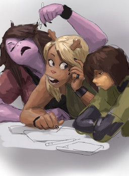 5_fingers ambiguous_gender anthro antlers black_nails bracelet brown_hair buckteeth clothed clothing colored_nails crossed_arms cute_fangs fangs female fingers freckled_face freckles grey_background group hair holding_object holding_pencil horn jacket jewelry looking_at_another nails open_mouth paper pencil_(object) purple_body purple_scales red_eyes scales shirt simple_background sitting sleeves teeth topwear trio redustheriotact deltarune undertale_(series) kris_dreemurr noelle_holiday susie_(deltarune) deer human mammal new_world_deer reindeer scalie 2026 absurd_res hi_res unfinished