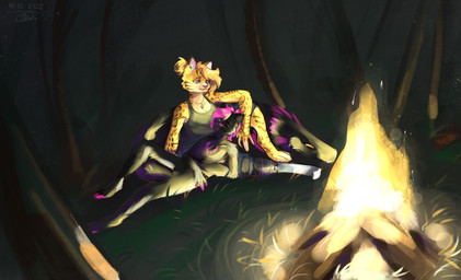 anthro blonde_hair blue_eyes campfire chest_tuft clothed clothed_anthro clothed_female clothing colored_nails comfy cozy cuddling duo female female_anthro fire forest fully_clothed fully_clothed_anthro fully_clothed_female fur hair jewelry leopard_spots lying male male/female male_anthro markings nails nature nature_background necklace night nude_anthro nude_male pink_hair pink_nails plant prosthetic relaxing shirt sleeping spots spotted_markings tail tail_mouth tank_top topwear tree tuft unusual_anatomy unusual_tail workwear yellow_body yellow_eyes yellow_fur ynobe_(artist) sabby_(character) teak_(teakfire) domestic_cat felid feline felis leopardus mammal ocelot