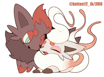 ambiguous_gender annoyed black_body black_fur blue_eyes cute_fangs duo eyes_closed fangs feral fluffy fluffy_tail fur head_tuft looking_at_another nuzzling open_mouth open_smile pupils quadruped red_body red_fur simple_background smile tail teeth text tuft white_background white_body white_fur white_pupils batten12 nintendo pokemon generation_5_pokemon generation_8_pokemon hisuian_form hisuian_zorua pokemon_(species) regional_form_(pokemon) zorua 2026 artist_name digital_drawing_(artwork) digital_media_(artwork)